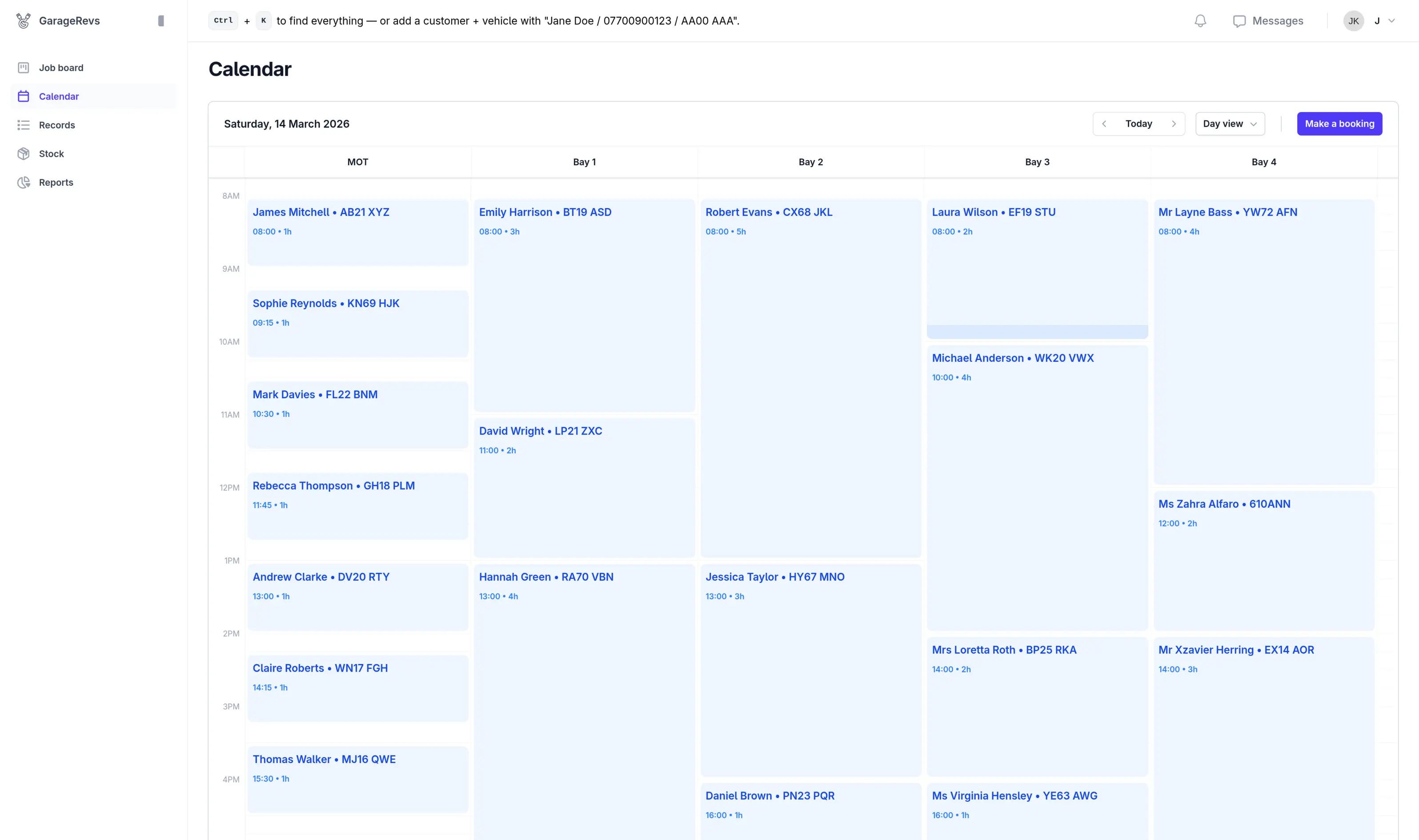 Screenshot of the GarageRevs calendar view showing daily bay schedule