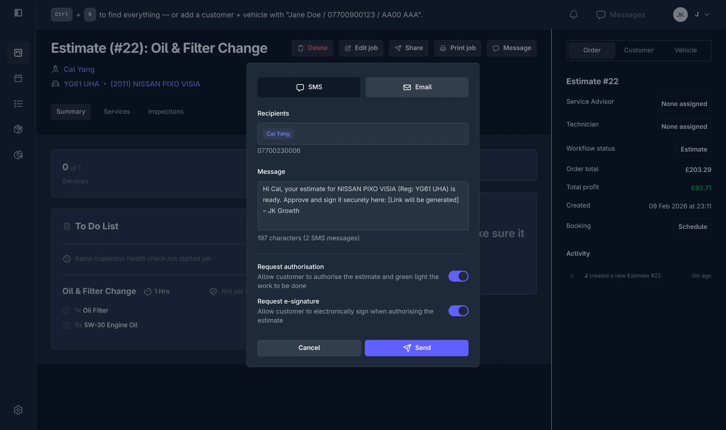 Screenshot of the GarageRevs customer messaging page