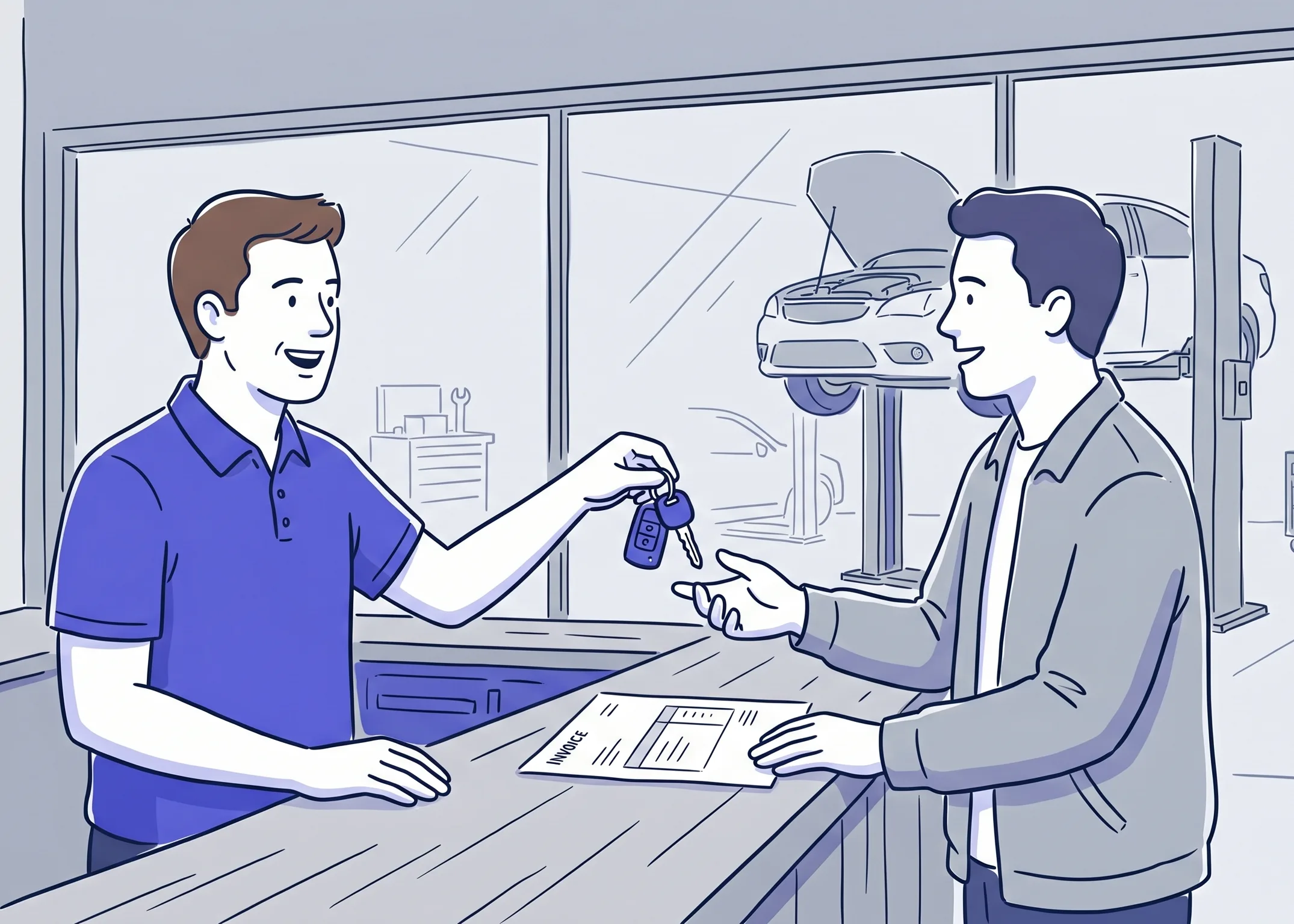 A garage owner handing car keys and an invoice across the front desk to a customer