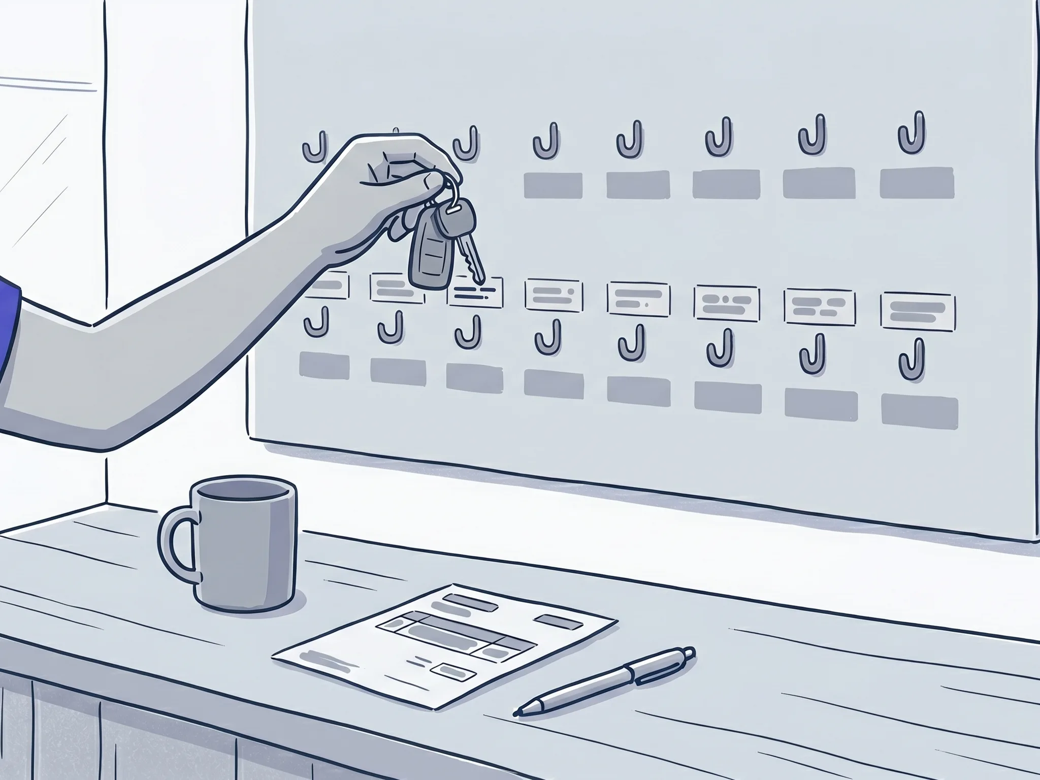 A hand taking car keys from a labelled key board at a garage reception, a job card and mug on the counter below
