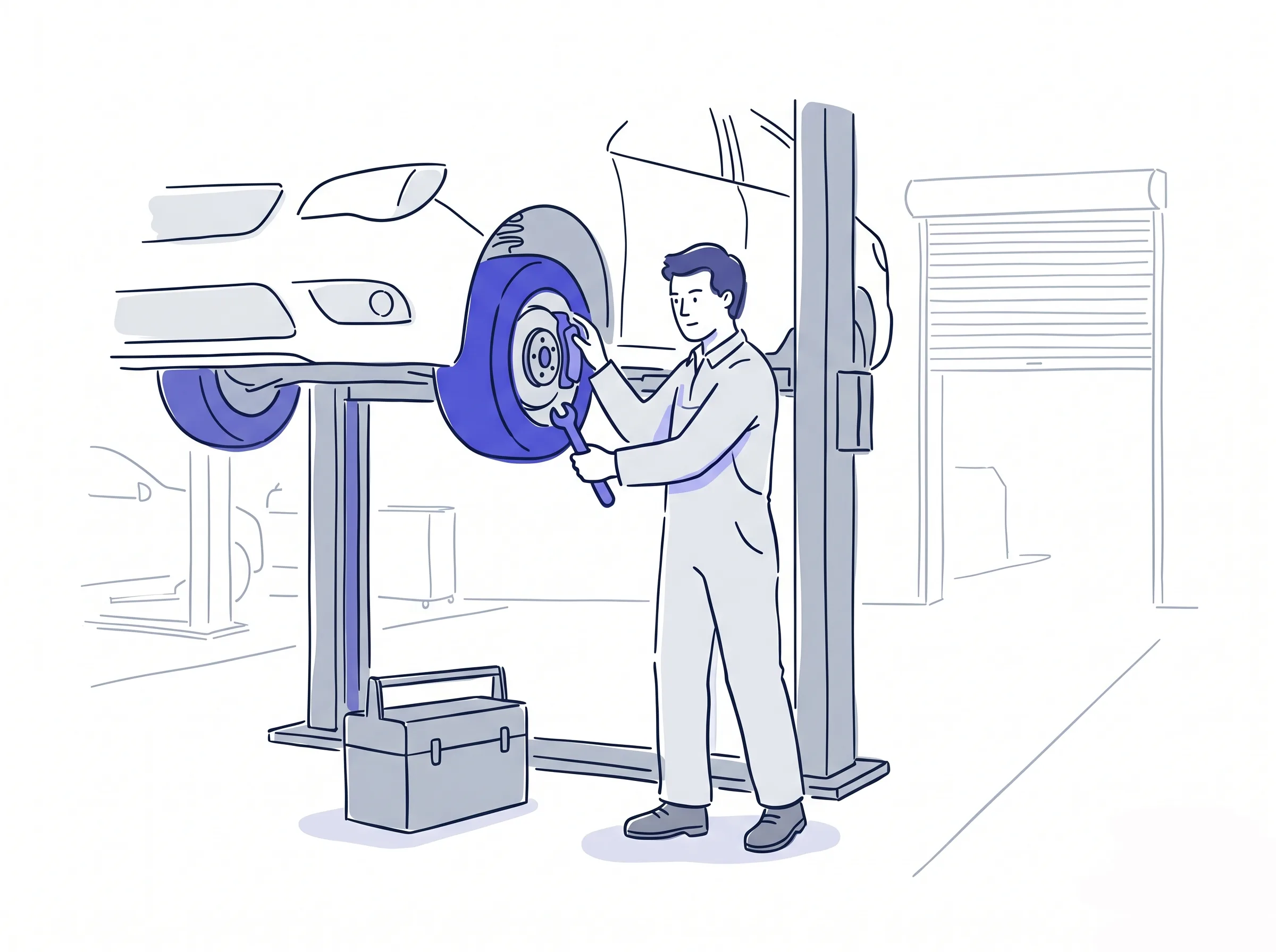 A mechanic inspecting a wheel and brake on a car raised on a two-post ramp