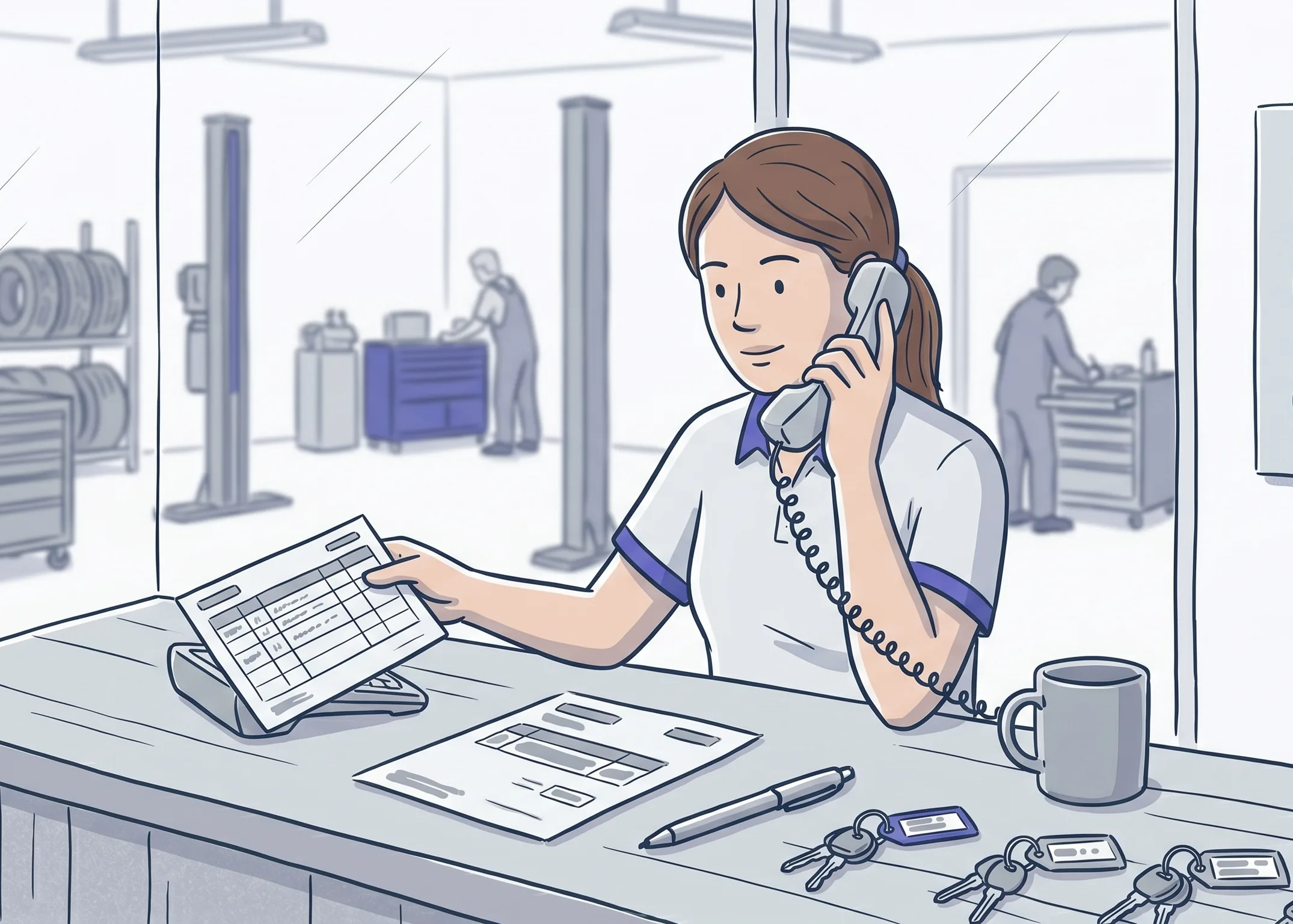 A garage receptionist at the front desk taking a booking on the phone