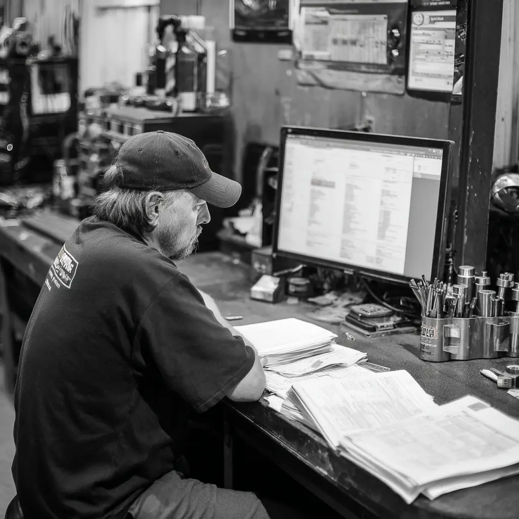 a garage owner at a desk looking at a computer screen with paperwork
