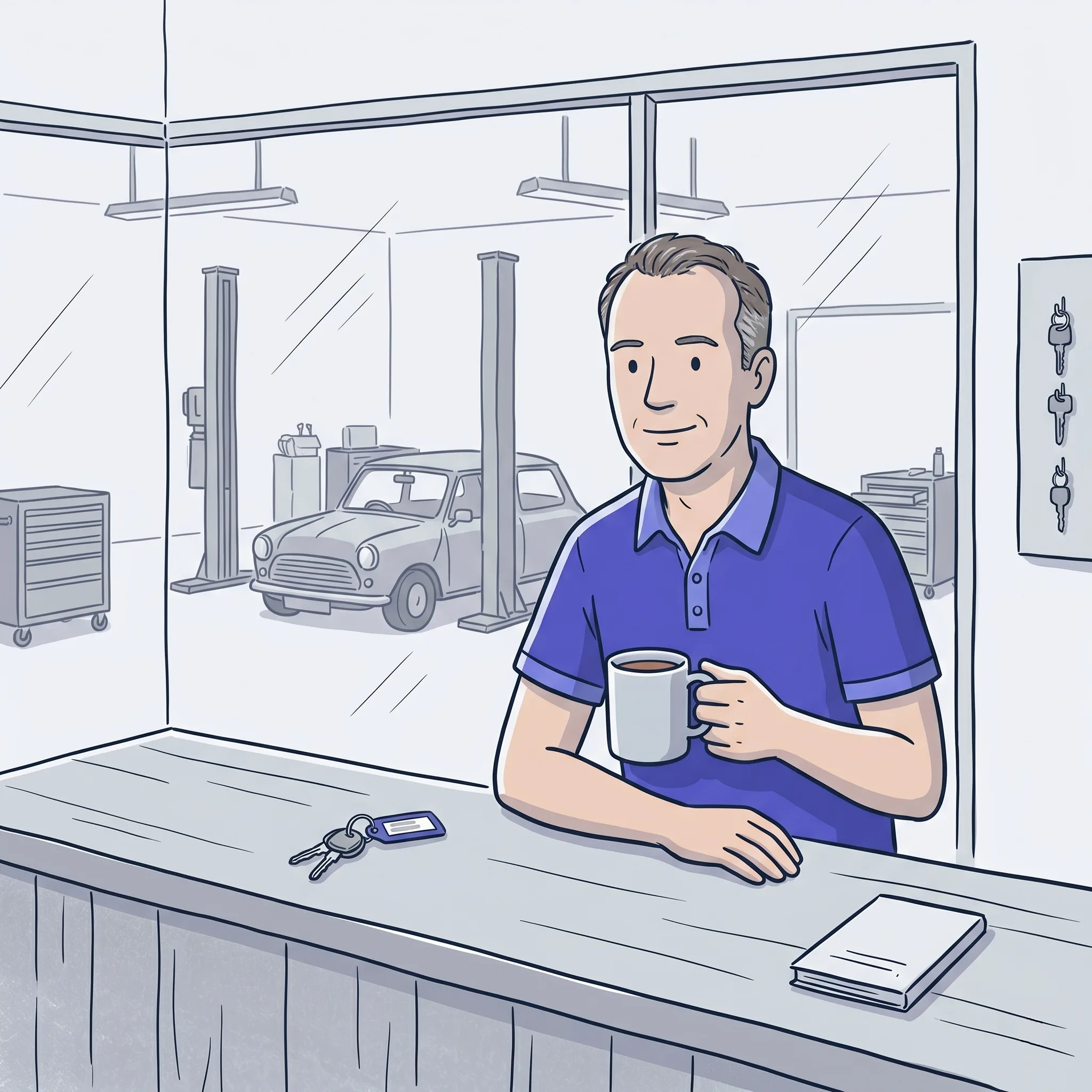 A relaxed garage owner with a mug of tea leaning on the reception counter, the workshop behind
