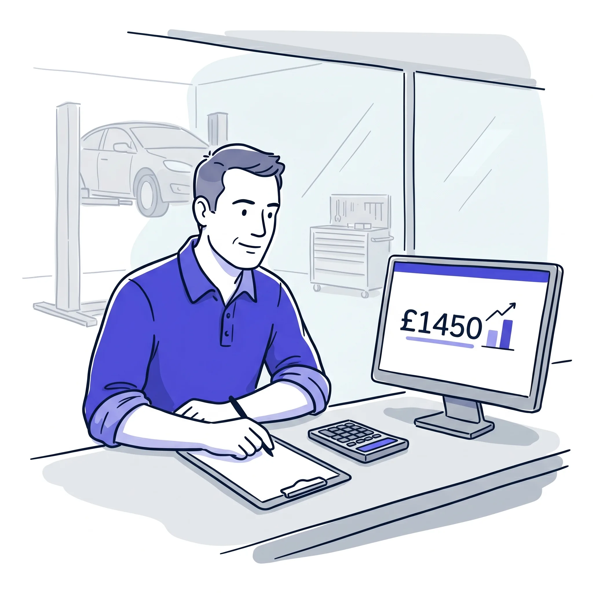 garage owner reviewing a profit target calculation