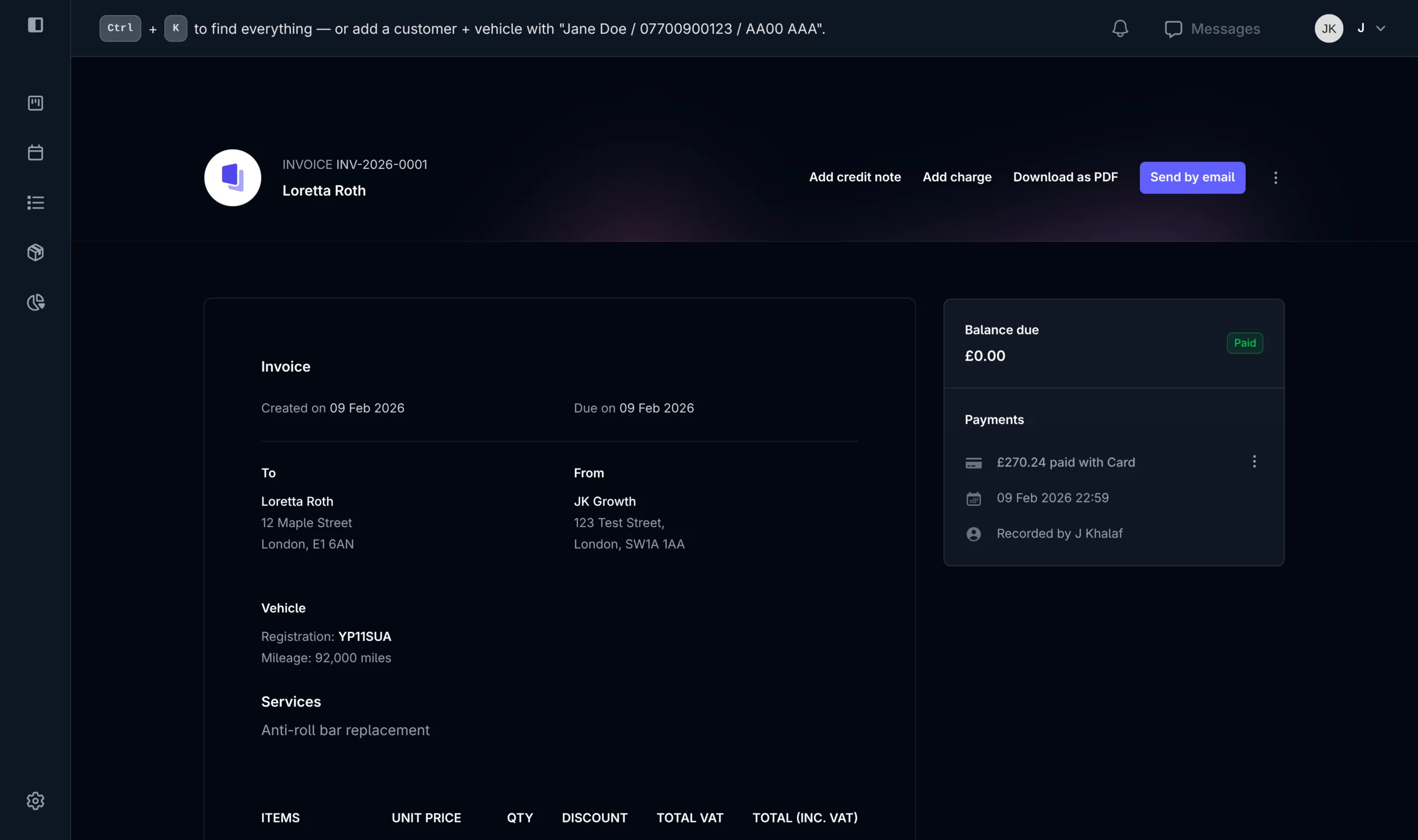 Screenshot of the GarageRevs invoice page