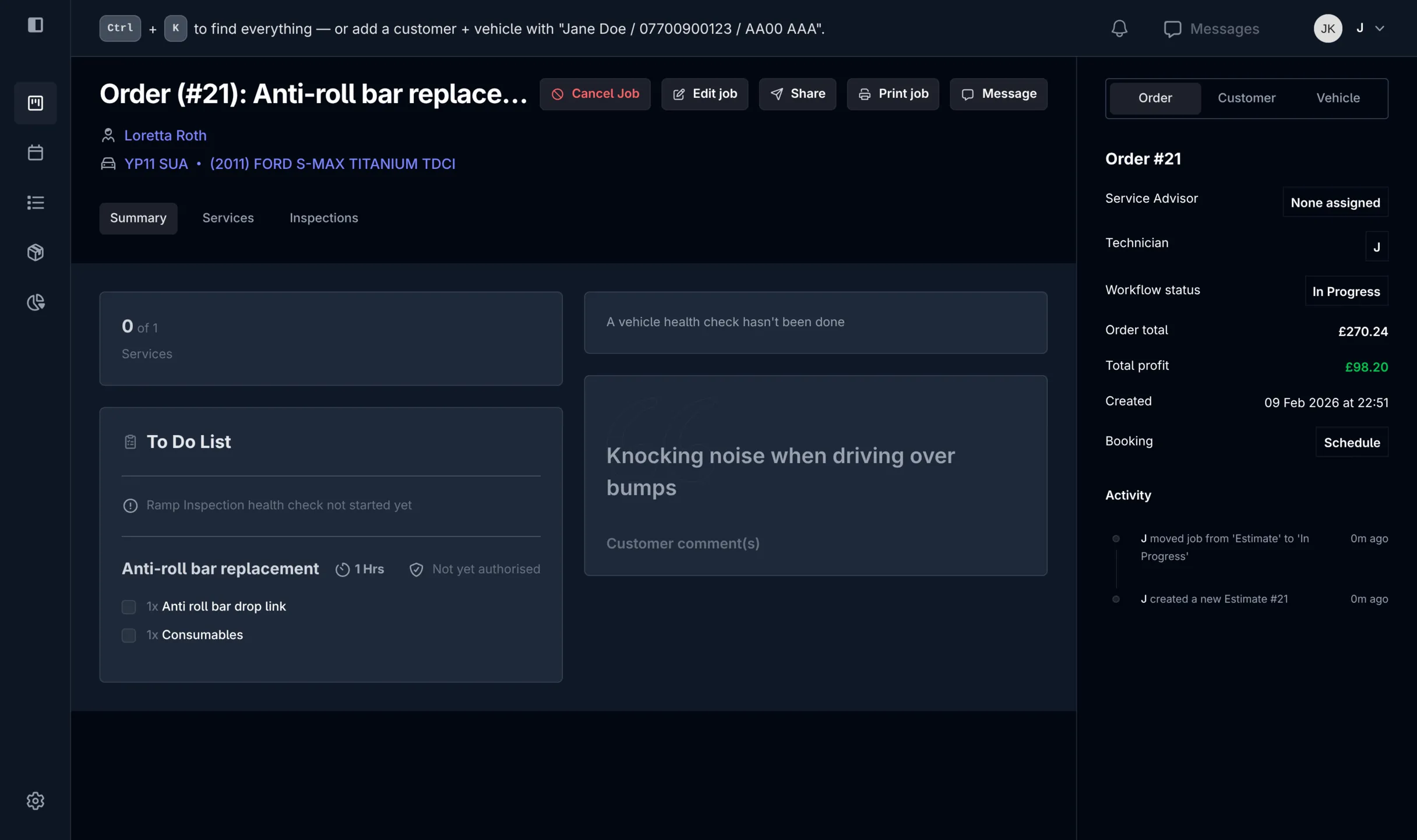 Screenshot of the GarageRevs job details page