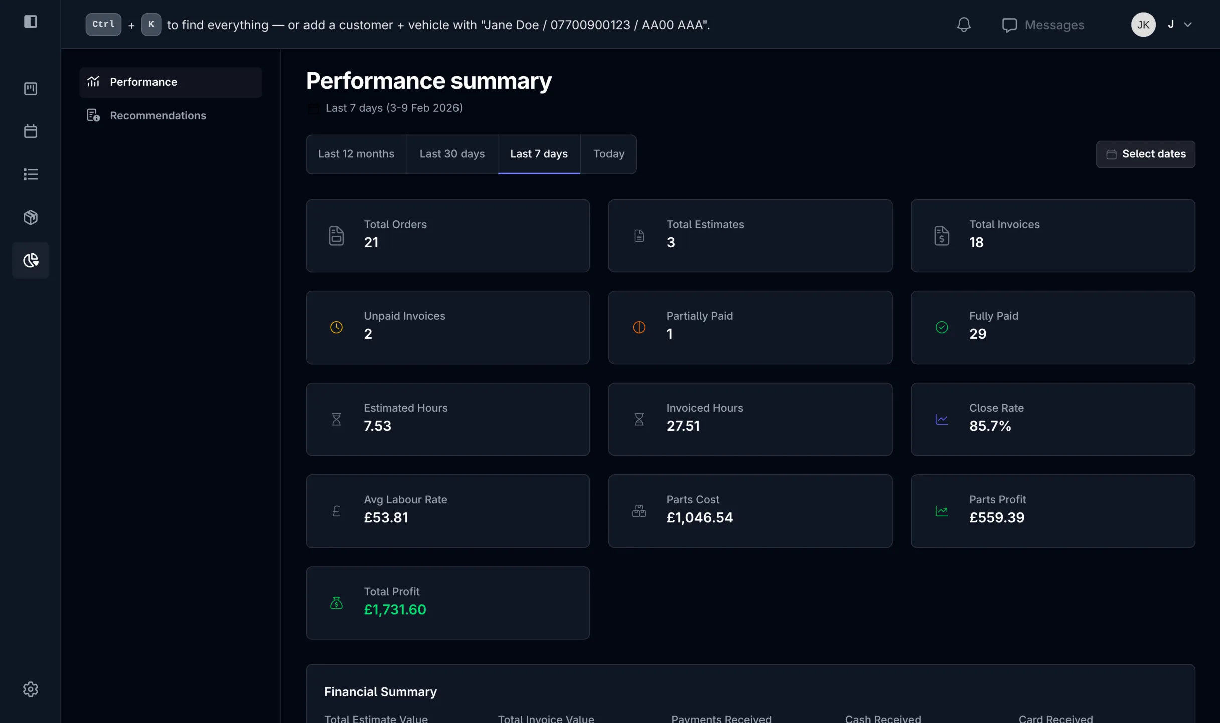Screenshot of the GarageRevs reports page