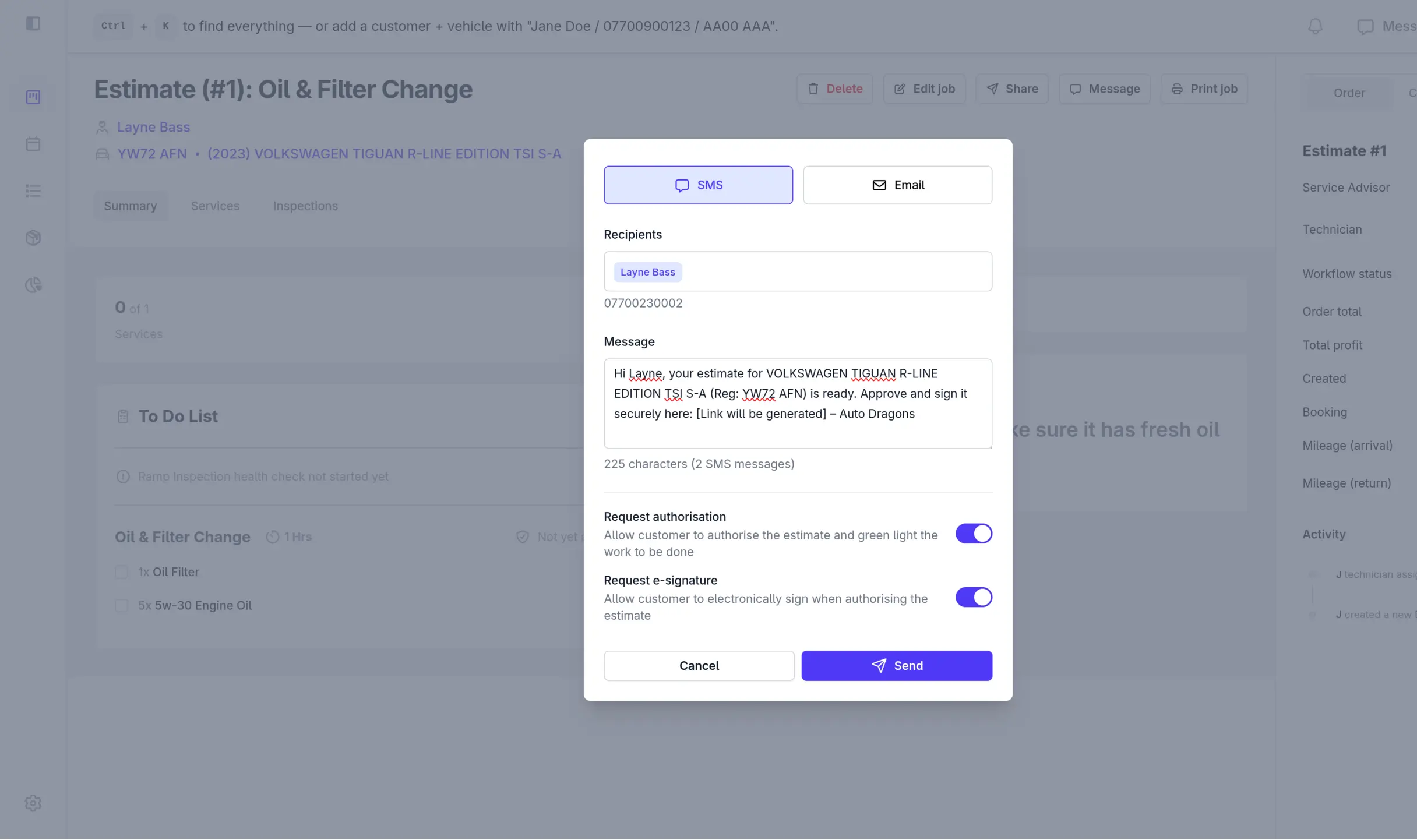 Screenshot of the GarageRevs share job modal with authorisation requested