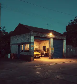 a photo of a garage in the evening