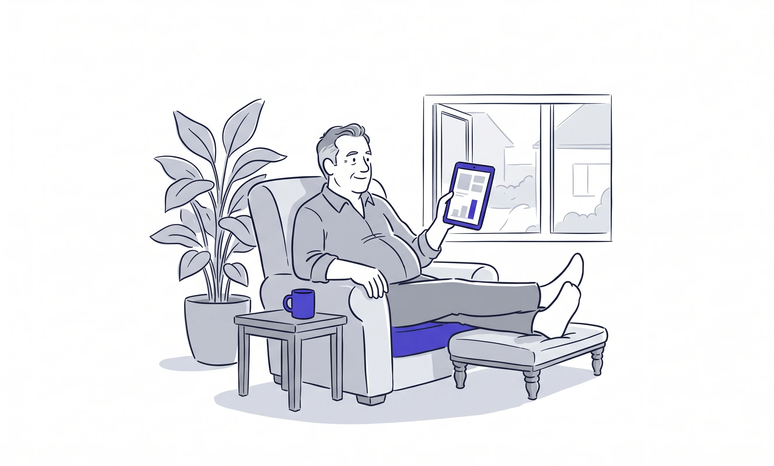 Illustration of a garage owner in his fifties at home, sitting back in an armchair with his feet up on a footstool, a mug beside him and a large house plant next to the chair, looking pleased at the figures on a tablet