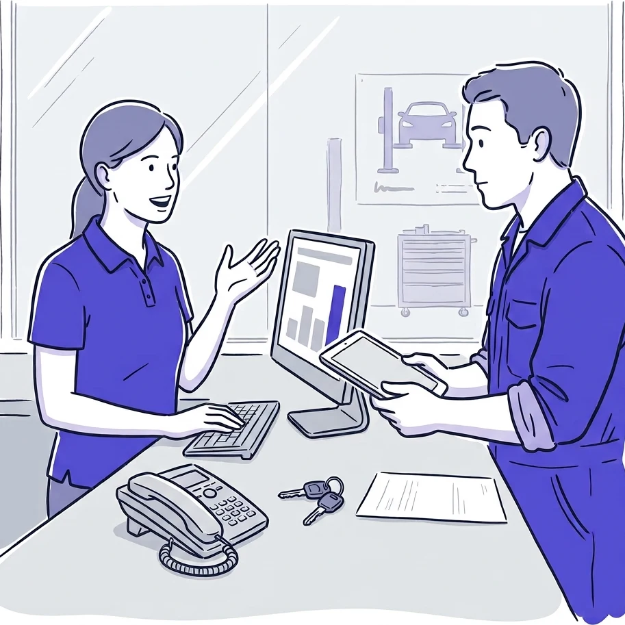 Illustration of a garage front desk: front of house at the counter with one hand on the keyboard and the other raised as she decides, while a mechanic holds a tablet out to her waiting on her answer, the desk phone untouched in its cradle